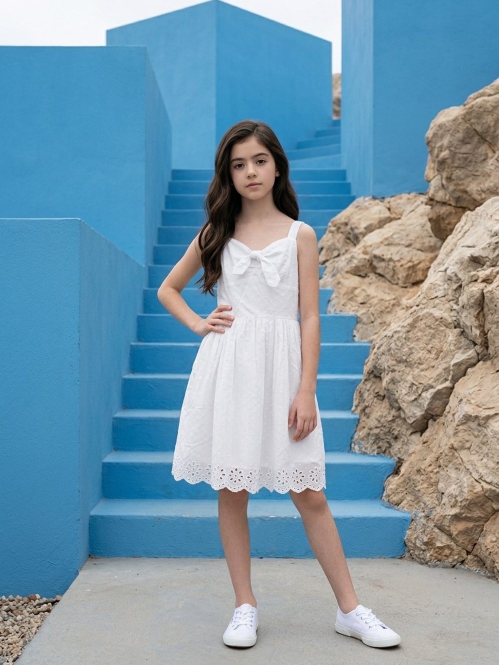 lilt White Eyelet Bow Sundress for Girls